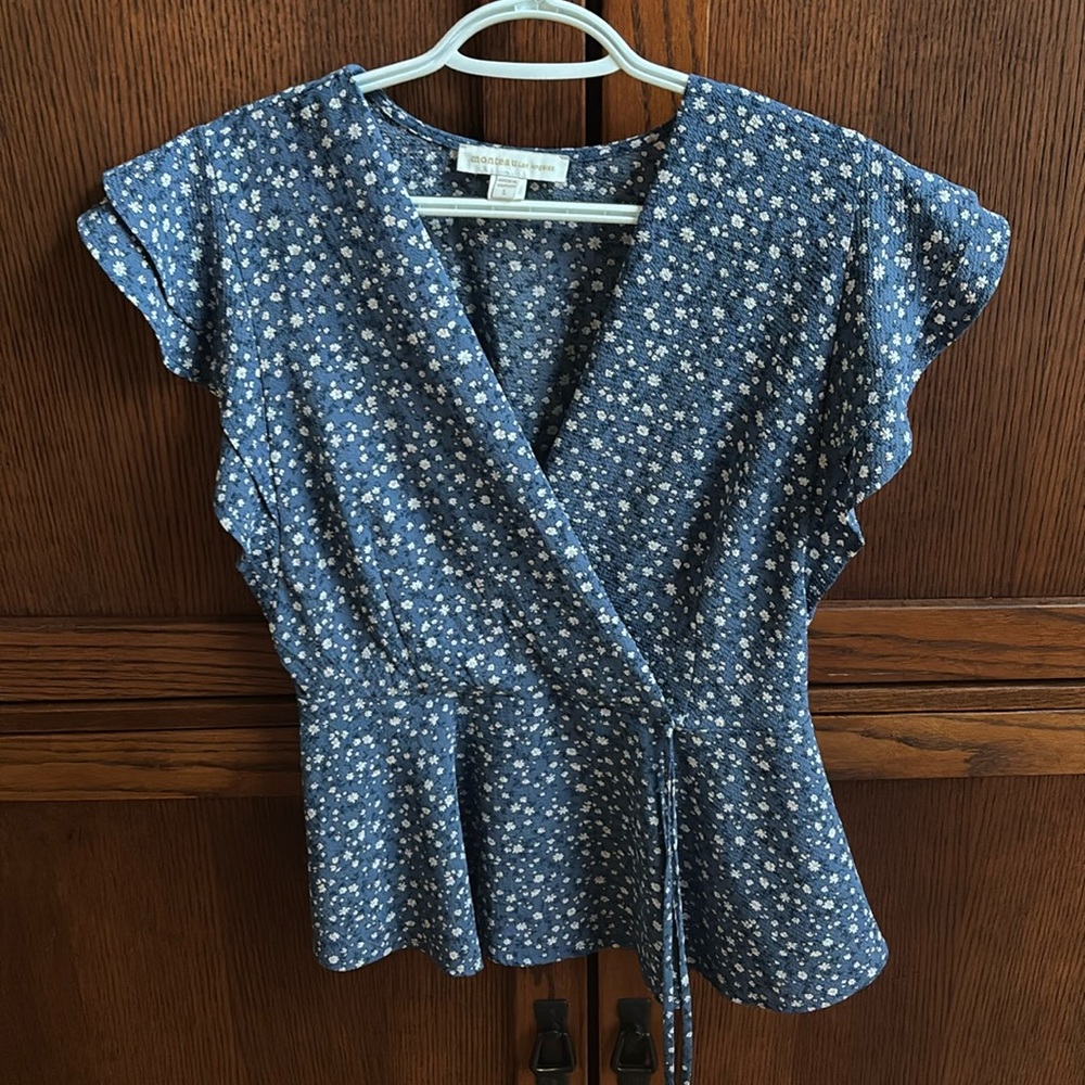 Blue faux wrap blouse